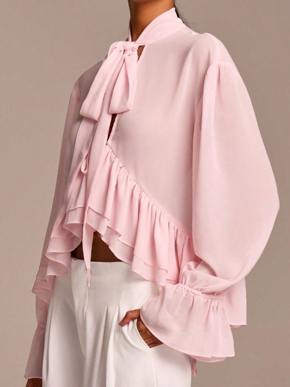 Baby Pink Bohemian Women's Elegant Ruffled Long Sleeve Blouse - Picture 6 of 6